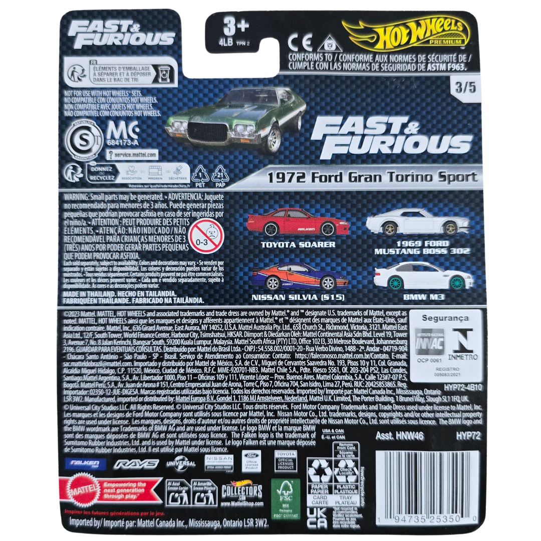 Hot Wheels Fast & Furious 1972 Ford Torino Gran Sport Diecast Car | Movie Vehicle Collection