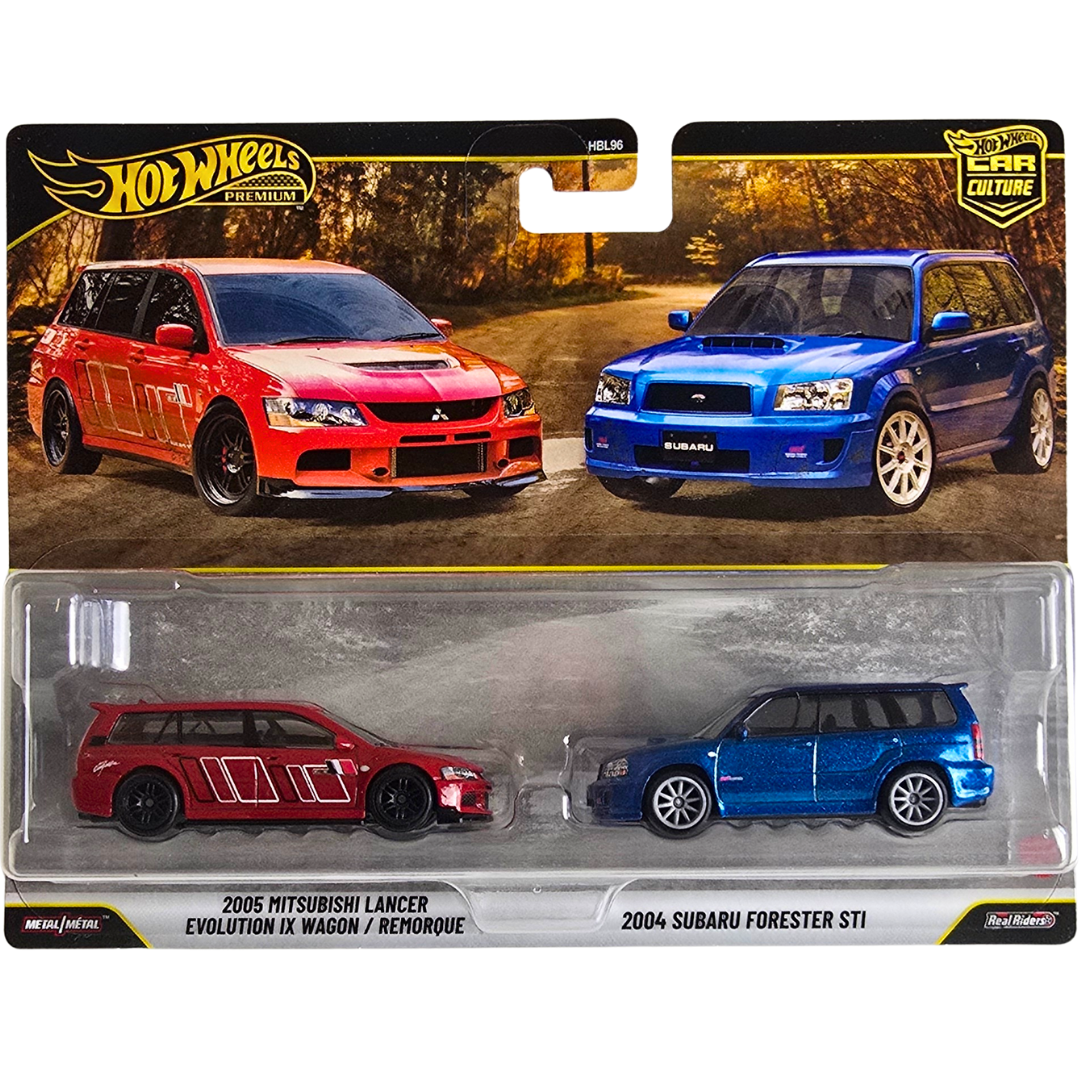 Hot Wheels Premium Duo Pack - 2005 Mitsubishi Lancer Evolution IX Wagon / Remorque - 2004 Subaru Forester STI