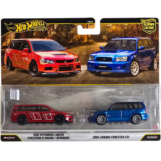 Hot Wheels Premium Duo Pack - 2005 Mitsubishi Lancer Evolution IX Wagon / Remorque - 2004 Subaru Forester STI