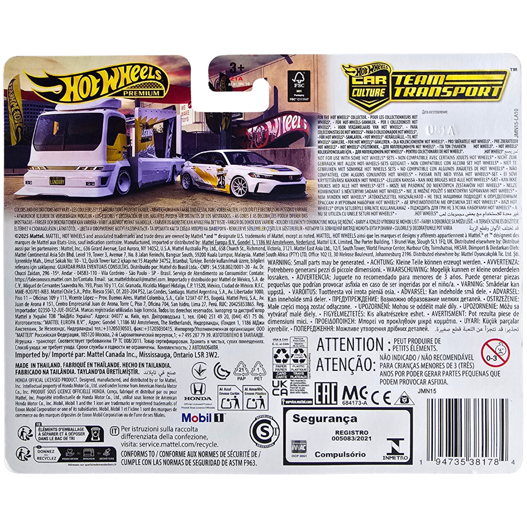 Hot Wheels Premium Team Transport (Hot Wheels Legends Tour) - '24 Honda Civic Type R - Kousoku Hauler Camion De Transport